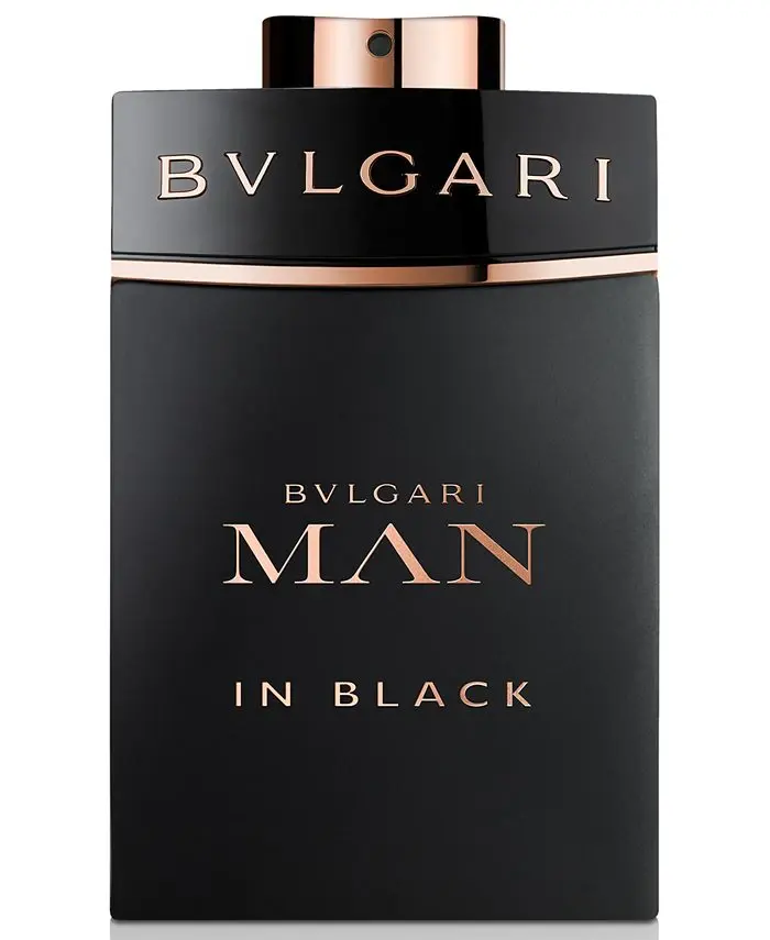 Bvlgari Man in Black perfume bottle is shown in the picture showing the bottle black matt color with golden engravings