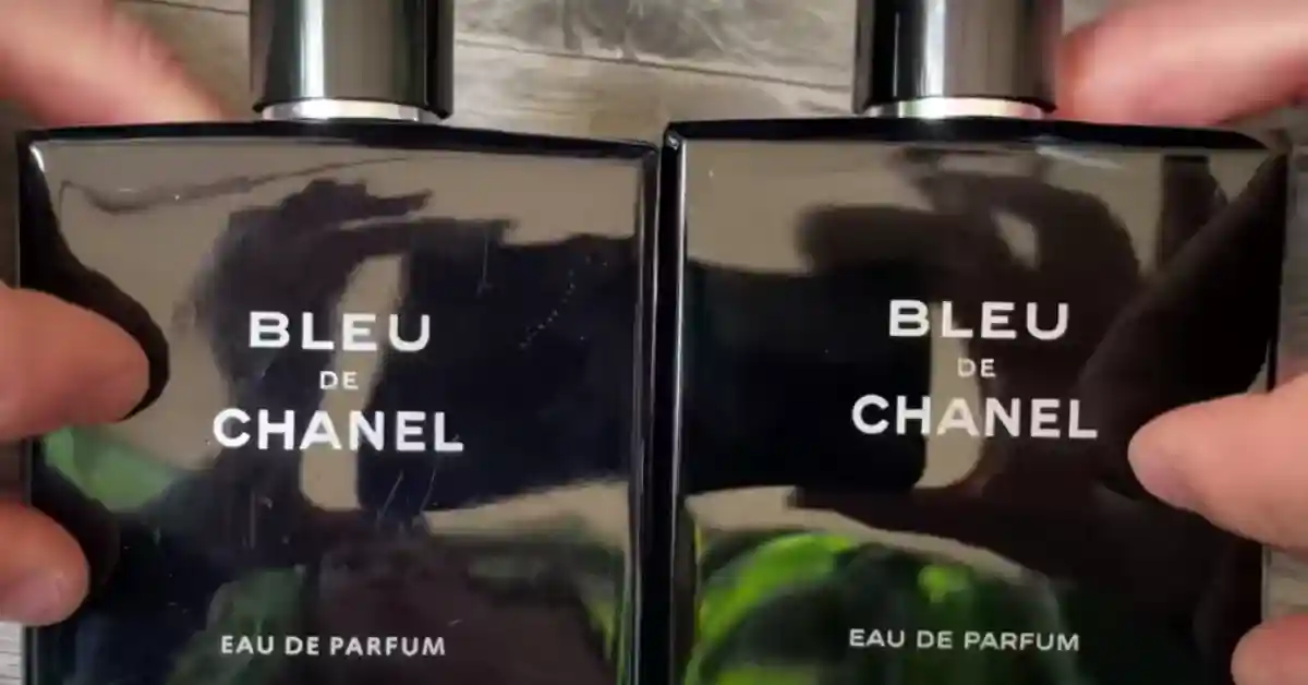 The picture shows thw bottle of rel vs the fake Bleu De Chanel Perfume bottle