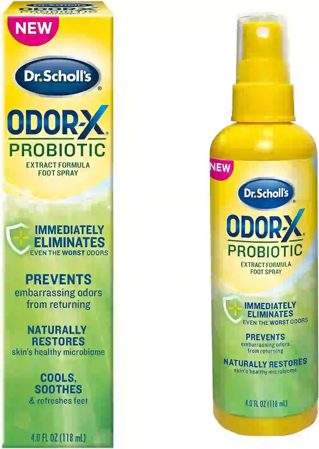 The picture shows Dr. Scoll's Probiotic foot spray that eliminates odor-causing bacteria from your shoes