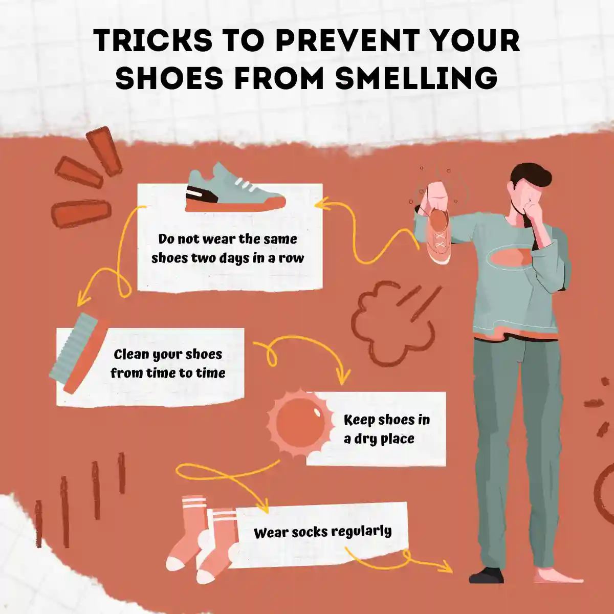 The infographic shows tips to eliminate shoe odor without using any product. These are daily best practices that one must adopt