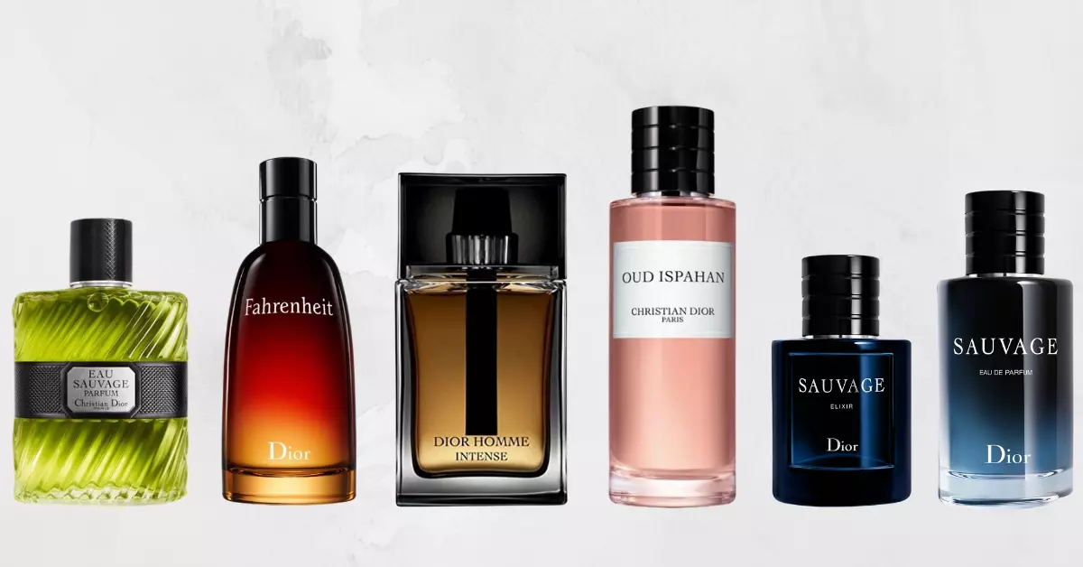 This picture shows my pick of the 6 best Dior Cologne for Men. By choosing either of the following you would never go wrong.
1. Dior Homme Intense
2. Dior Oud Ispahan
3. Dior Eau Sauvage
4. Dior Sauvage EDP
5. Dior Fahrenheit
6. Dior Elixir