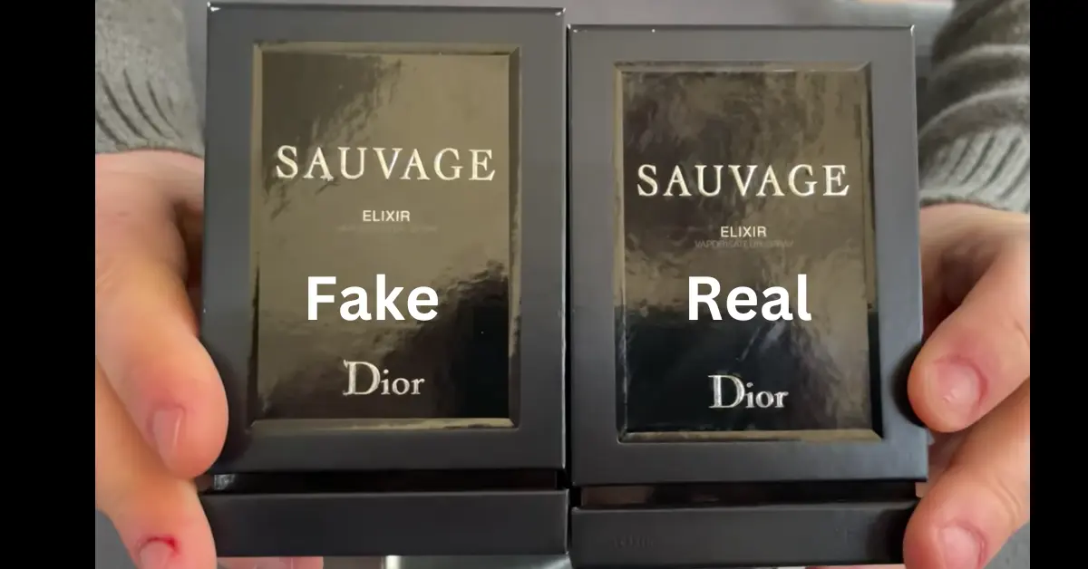 Box of Original vs Fake Dior Sauvage Elixir is shown in the picture