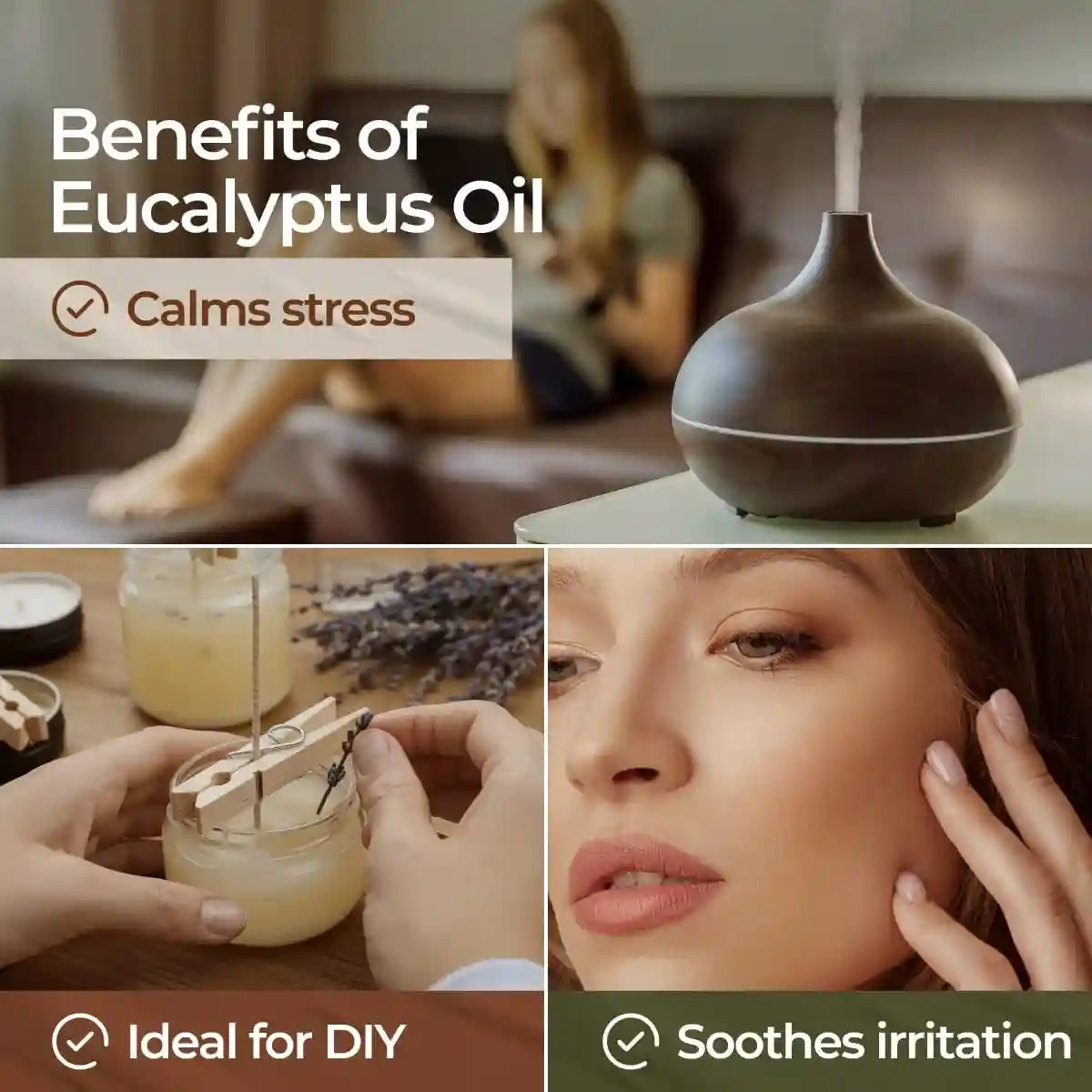 Eucalyptus oil benefits to be used in a humidifier are 
It clears the respiratory tract and provides relief from cold and flu symptoms.

It's a perfect scented oil to ease muscle and joint pain.

Eucalyptus fragrance in your home can relieve stress and tension and improve mental clarity and focus.

Using it in Humidifier can perfectly work as a natural insect repellant.