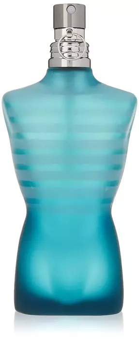 Le Male Jean Paul Gaultier bottle is shown in the picture. The bottle is shaped like a male torso, depicting masculanity.