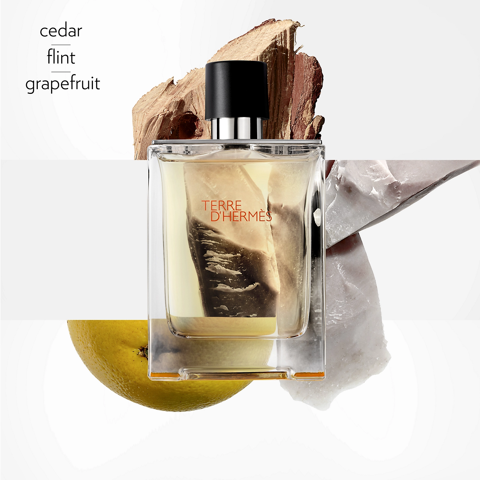 Terre d’Hermes EDT bottle is shown with pictorial representation of its notes