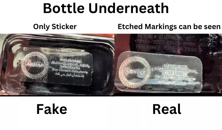 real vs fake bottle underneath of armaf de club nuit are shown in the picture