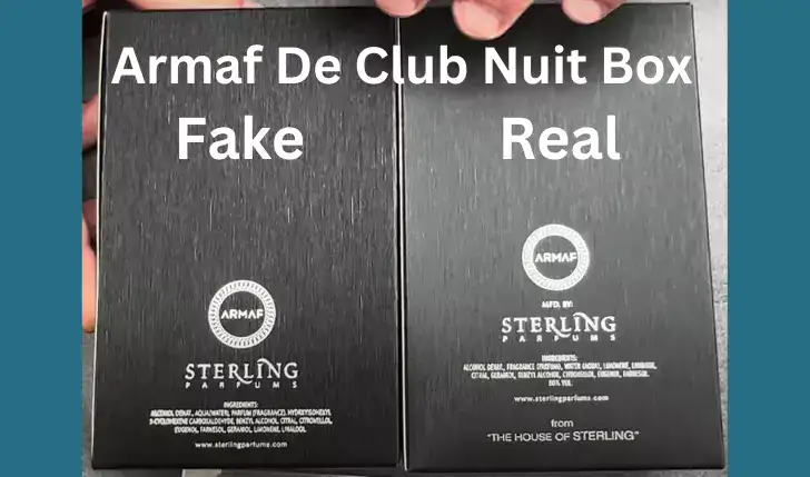 The image shows boxes of real and fake Armaf De Club Nuit Intense for man