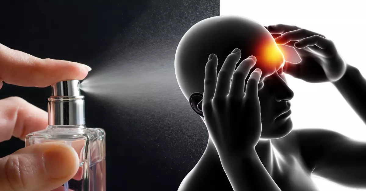 The illustrative picture shows a person having headache while perfume is being sprayed