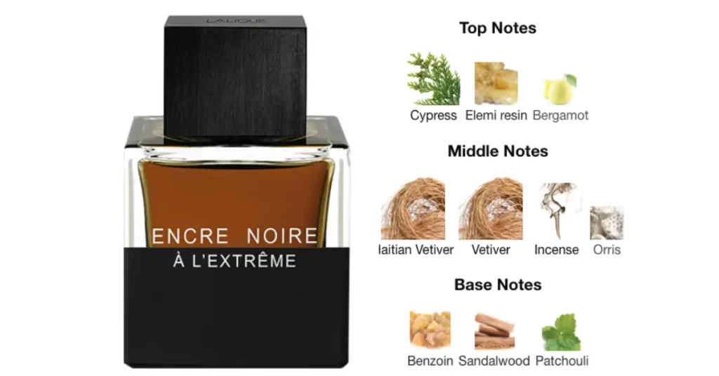 The picture shows Lalique Encre Noire A L'Extreme perfume with its notes. It is one of my favorite affordable winter perfumes for men.