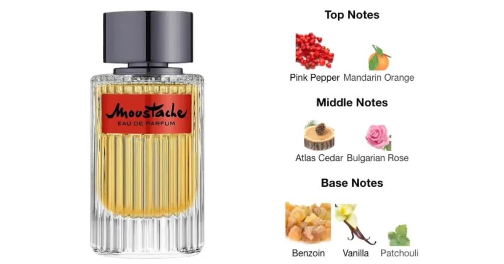 The picture shows Rochas Moustache EDP perfume with its notes. It is one of my favorite affordable winter perfumes for men.