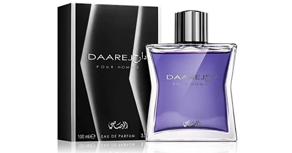 the picture shows box and bottle of rasasi daarej perfume for men. 