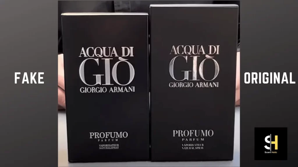 Acqua Di Gio Profumo fake and original boxes are side by side where original box is bigger than the fake