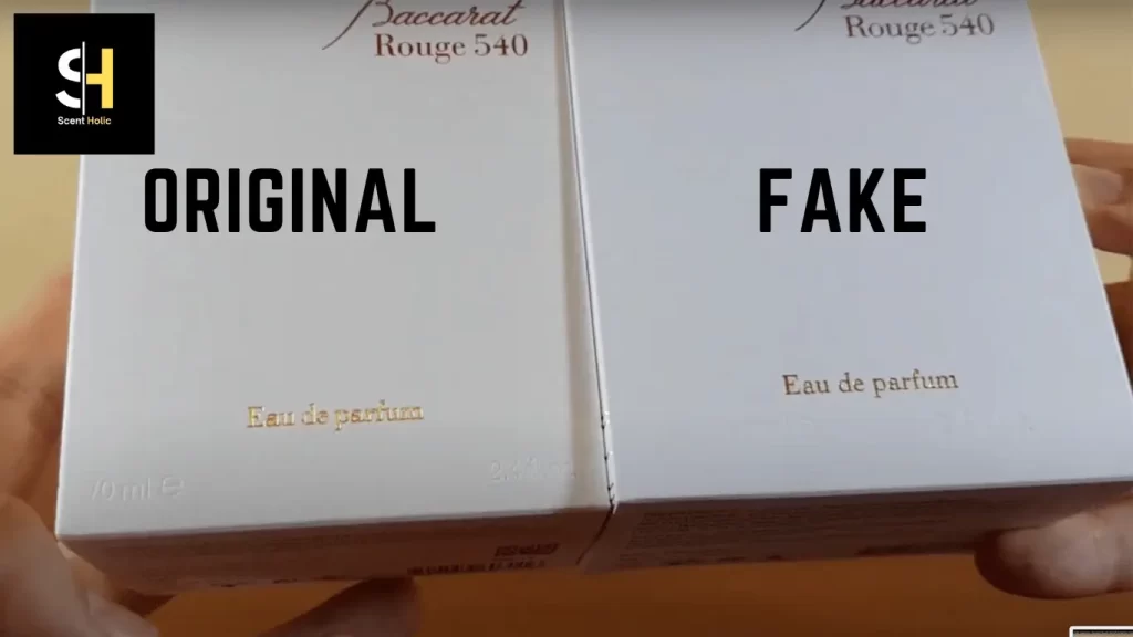 Original vs Fake 540 Baccarat Rouge EDP box front closeup picture is shown